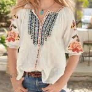 Sundance Melody Peasant Floral Embroidered Blouse Johnny Boho Lace Popover Top
